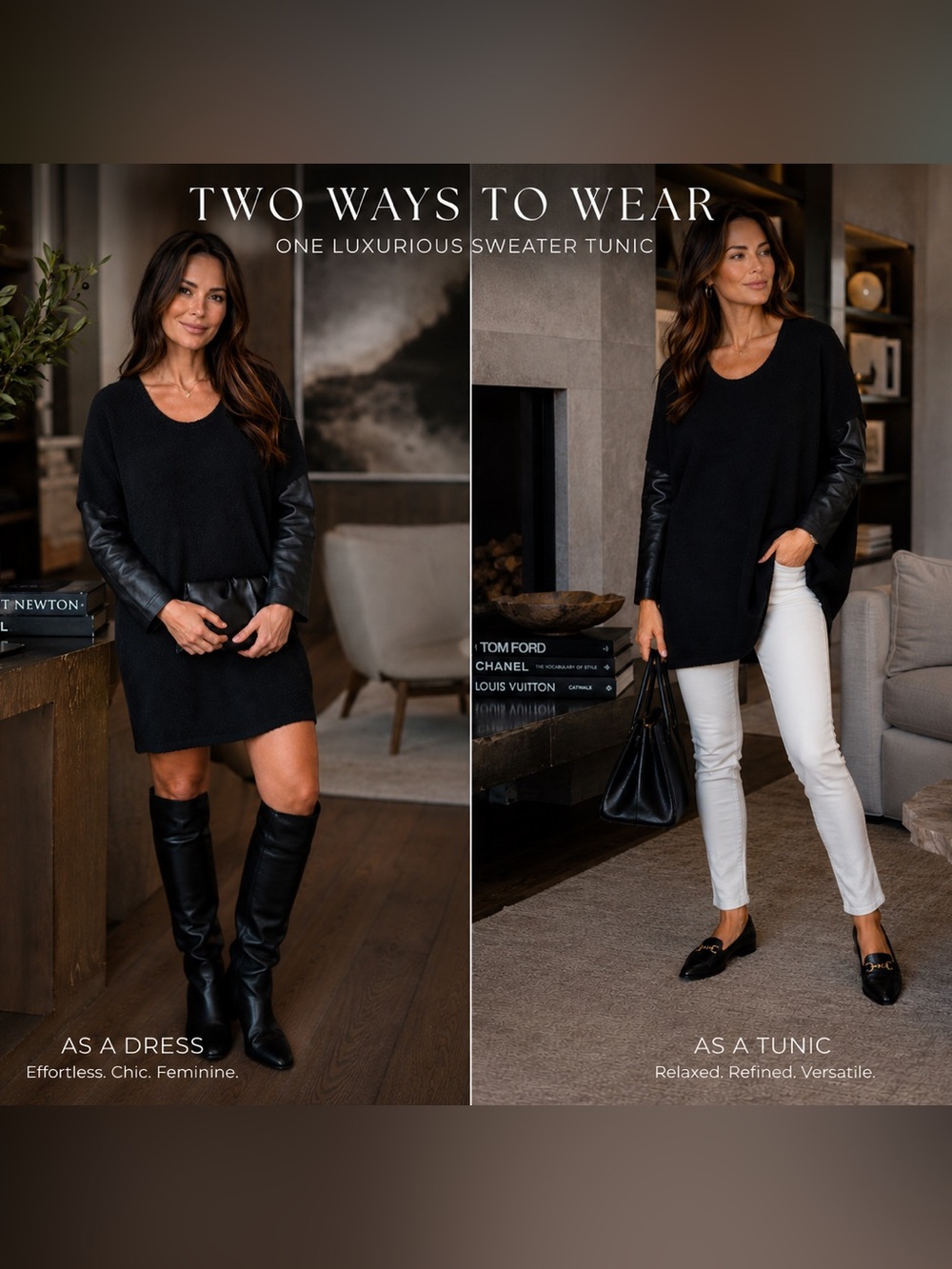 Maje Hence Black Sweater Dress/Tunic with Lamb Leather Sleeves